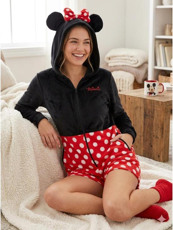 Disney Other - Disney Minnie Mouse Hooded Sleepwear Dress Black Red Polka Dot L/XLPajama Romper